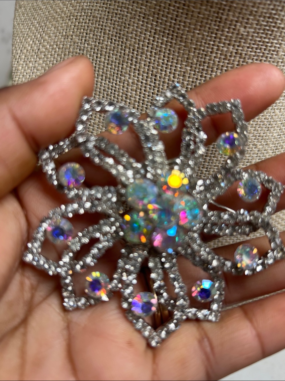 Silver Crystal Flower Brooch with Iridescent Stones